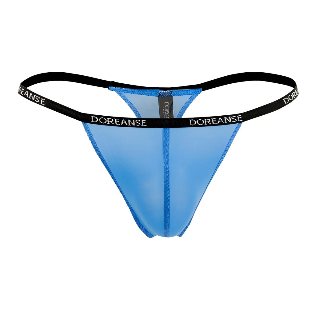 Blue sheer thong with black elastic waistband featuring doreanse branding in cobalt blue aire thongs 1390-blu