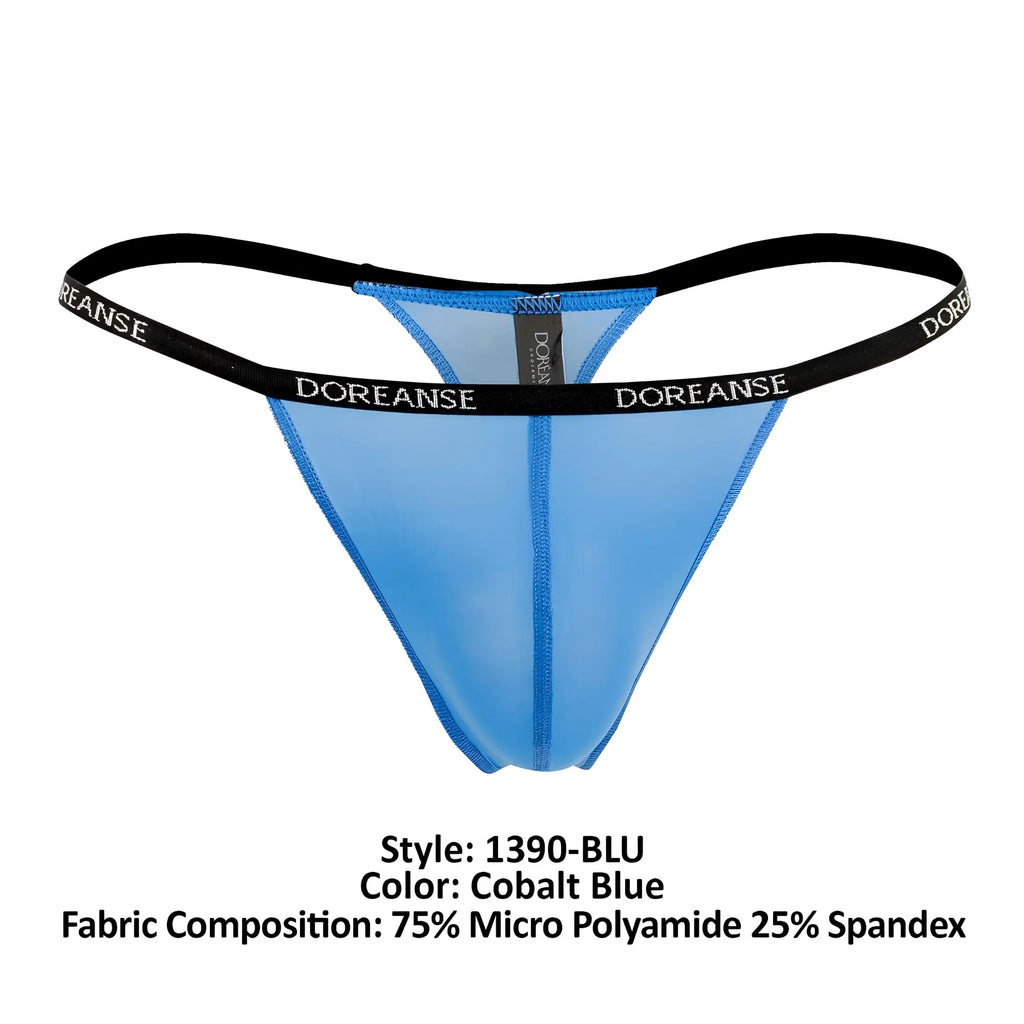 Cobalt blue doreanse 1390-BLU aire thong with black elastic waistband and white brand name lettering