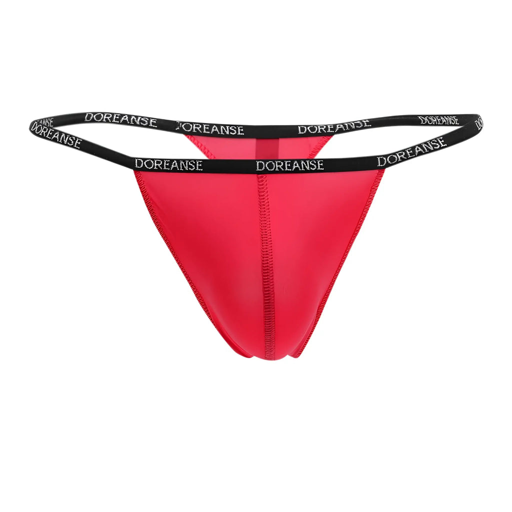 Bright red doreanse 1390-RED aire thong with black elastic waistband and white doreanse branding