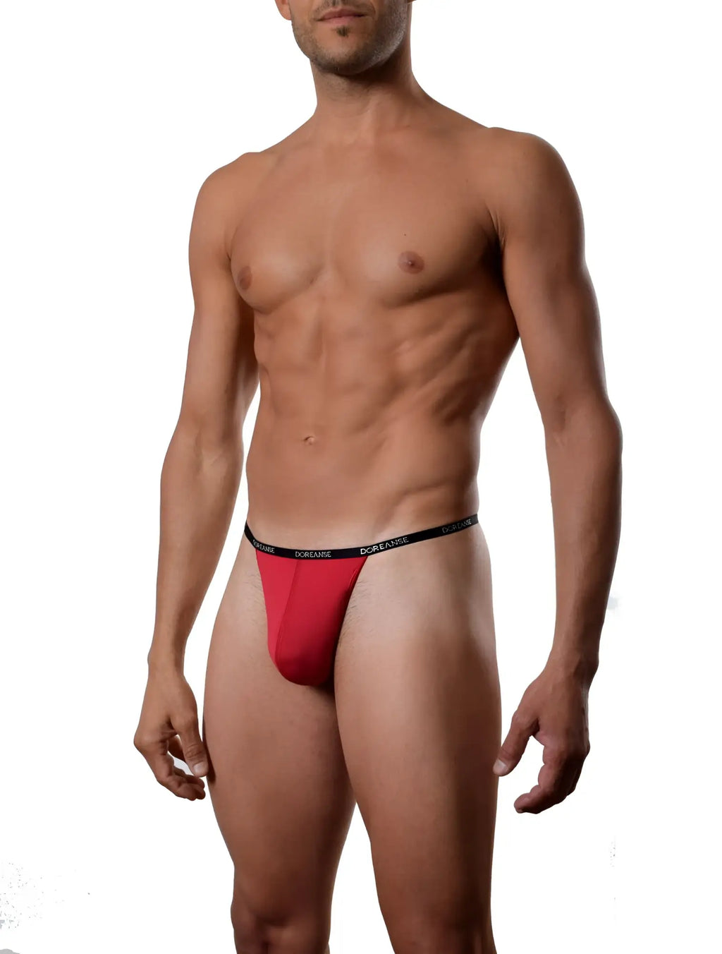 Red doreanse 1390-RED aire thong with black elastic waistband in red showing the front side of the underwear