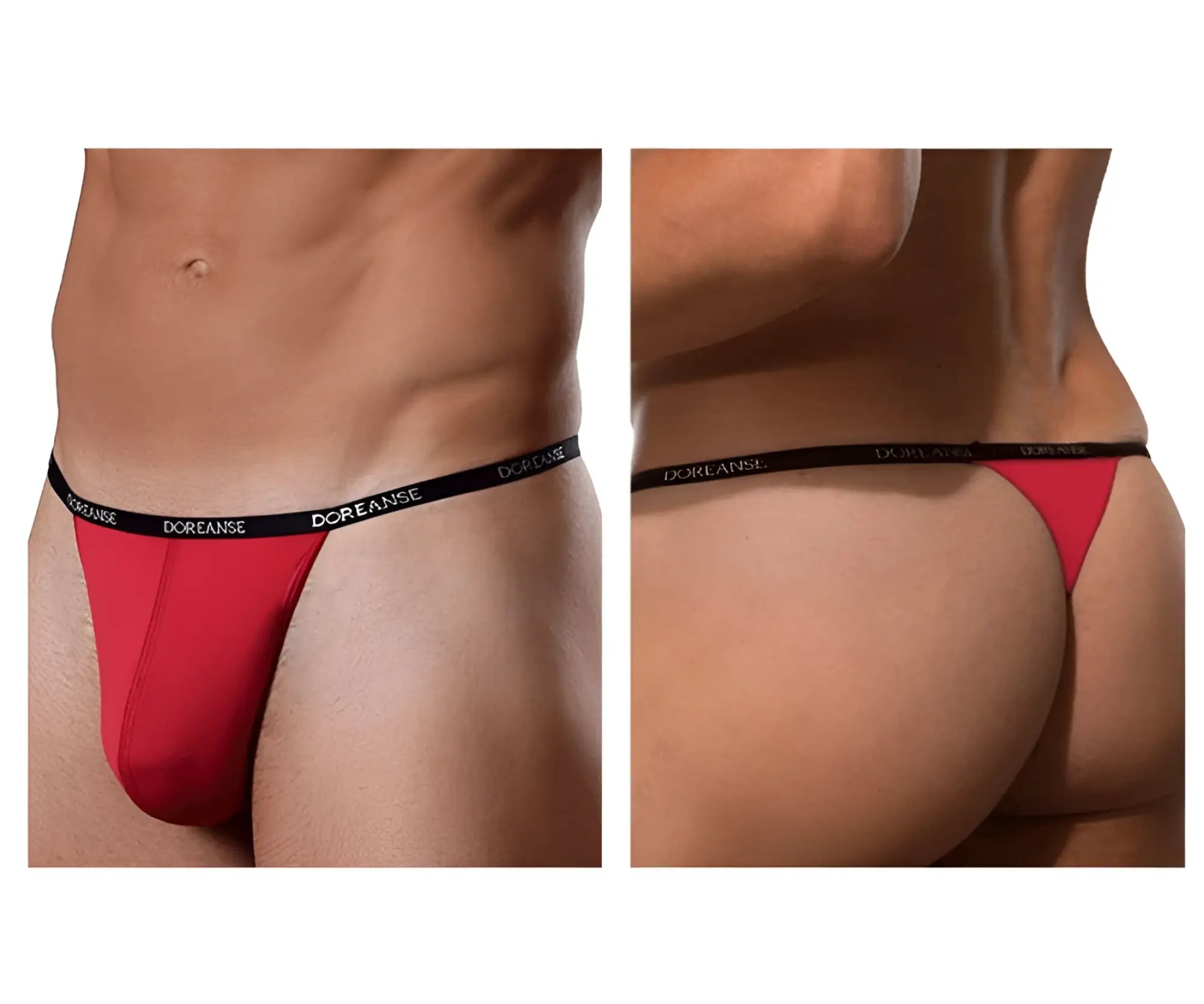 Red doreanse 1390-RED Aire thong with black elastic waistband showing front design in breathable fabric
