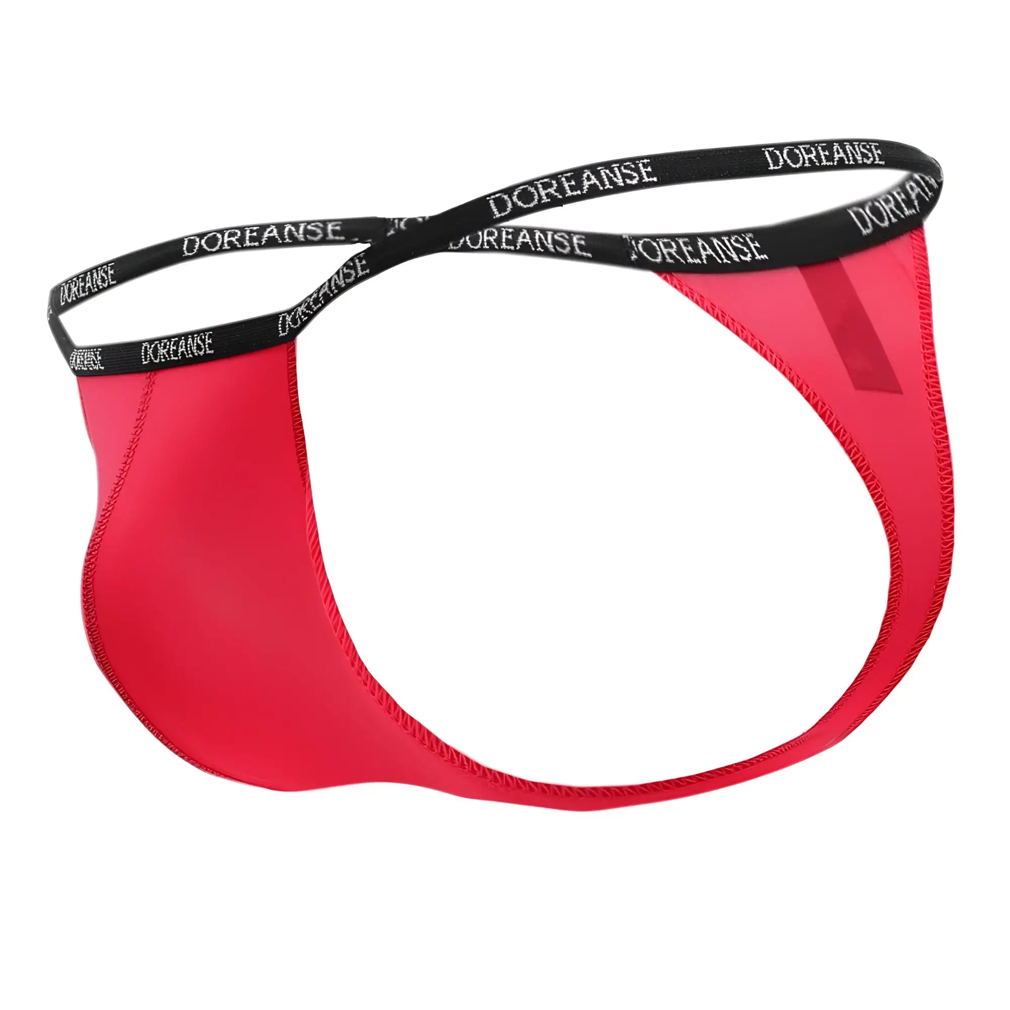 Red doreanse 1390-red aire thong briefs with black elastic waistband featuring white lettering front view