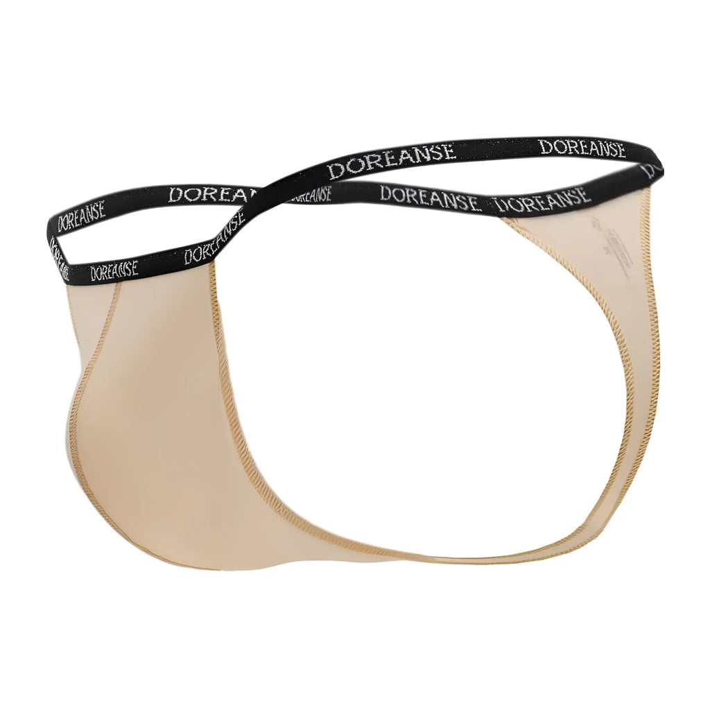 Beige doreanse 1390-tan aire thong with black elastic waistband featuring repeating white brand logo in tan color
