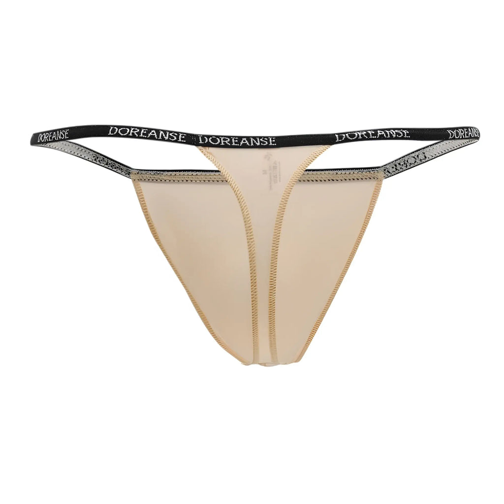 Beige doreanse 1390-tan aire thong with black elastic waistband featuring white brand name lettering
