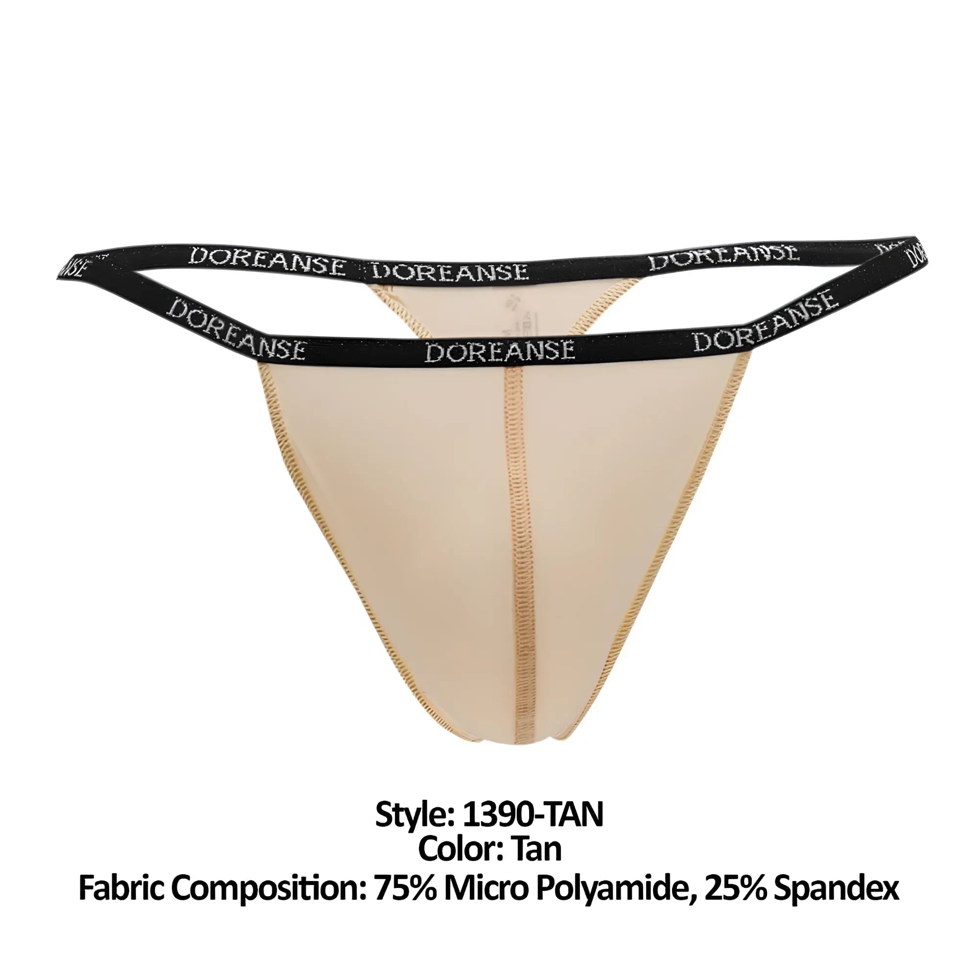 Tan doreanse 1390-air thong with black elastic waistband featuring white brand name lettering in tan fabric