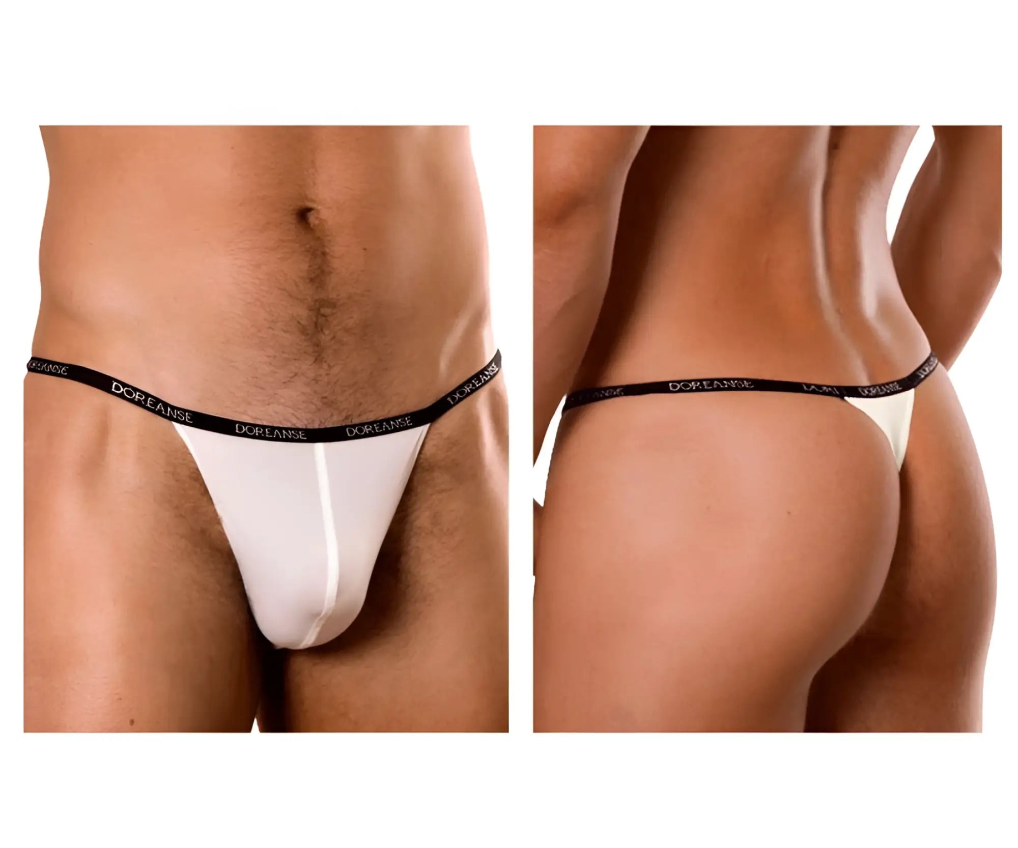 White doreanse 1390-WHT aire thong with black elastic waistband featuring repeating brand logo front view