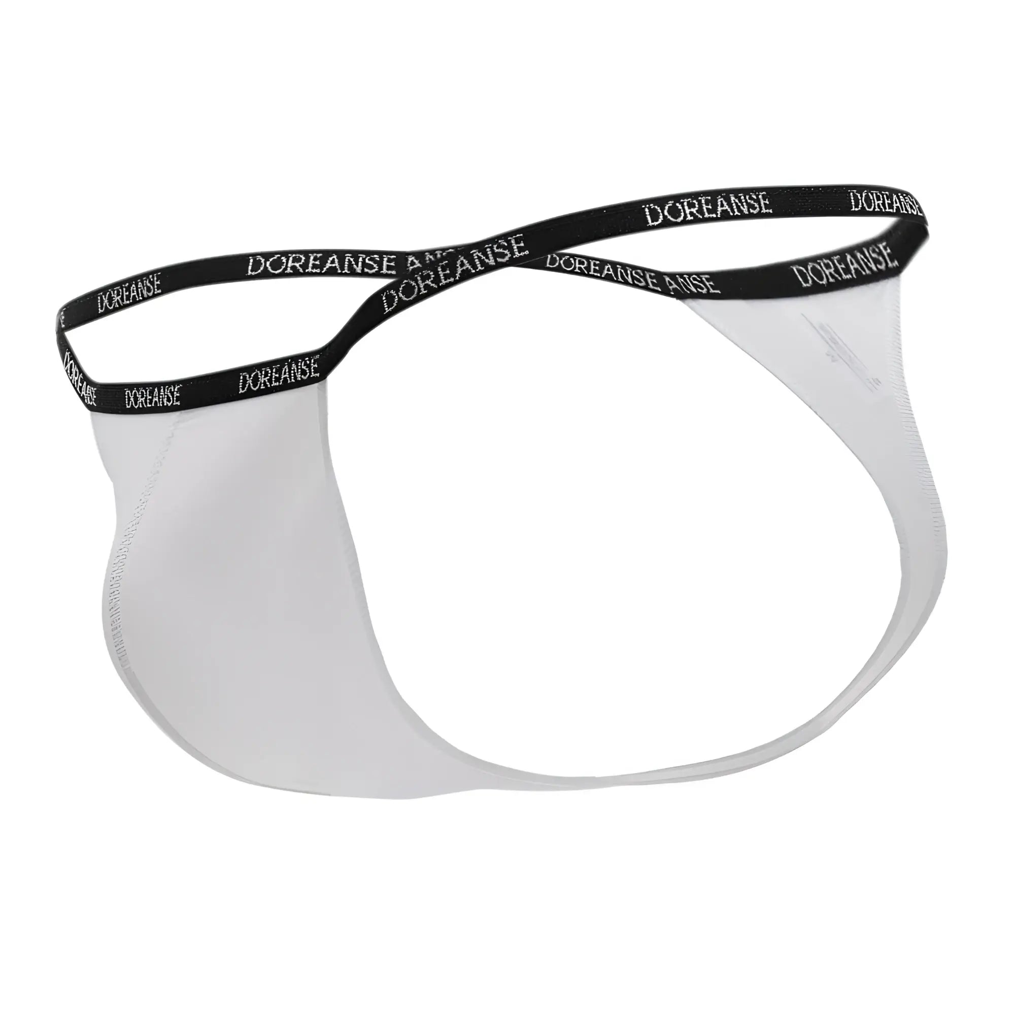 White doreanse 1390-wht aire thong jockstrap with black elastic waistband featuring doreanse text design