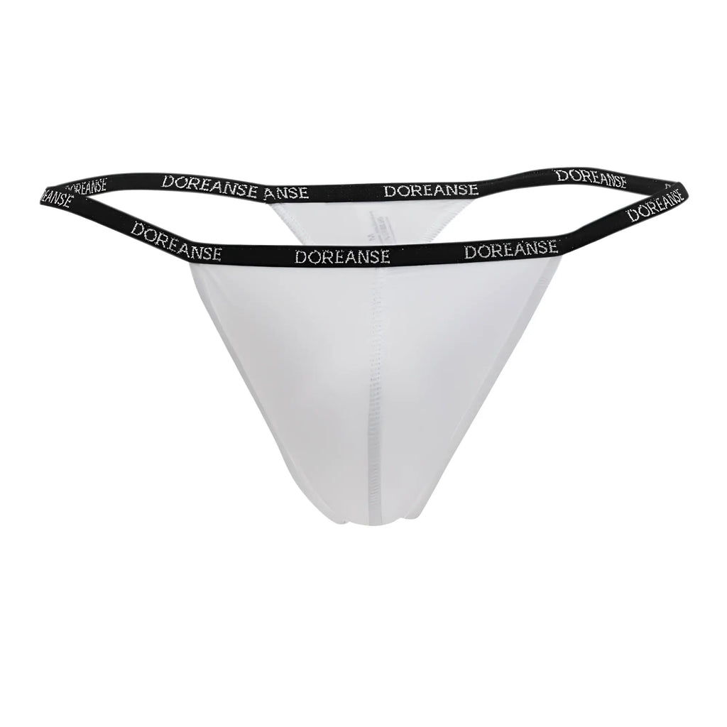 White doreanse 1390-wht aire thong with black elastic waistband featuring brand name in white lettering