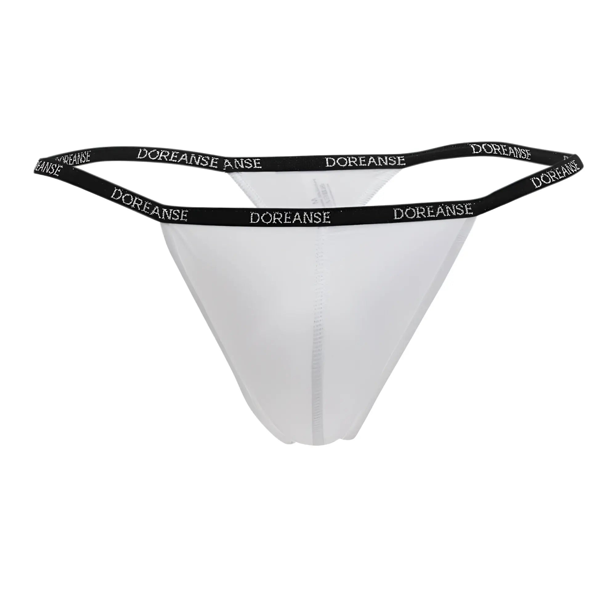 White doreanse 1390-wht aire thong with black elastic waistband featuring brand name in white lettering