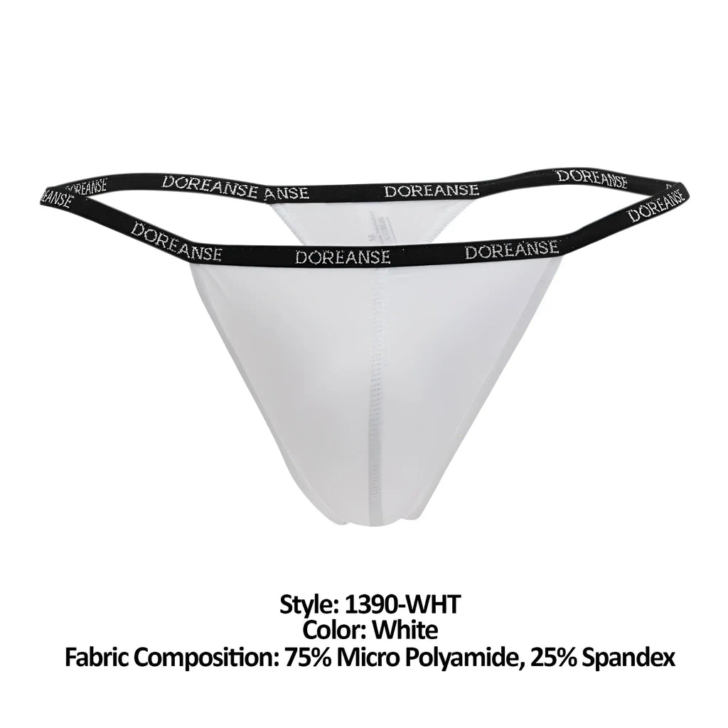 White doreanse 1390-wht aire thong with black elastic waistband featuring repeating doreanse branding
