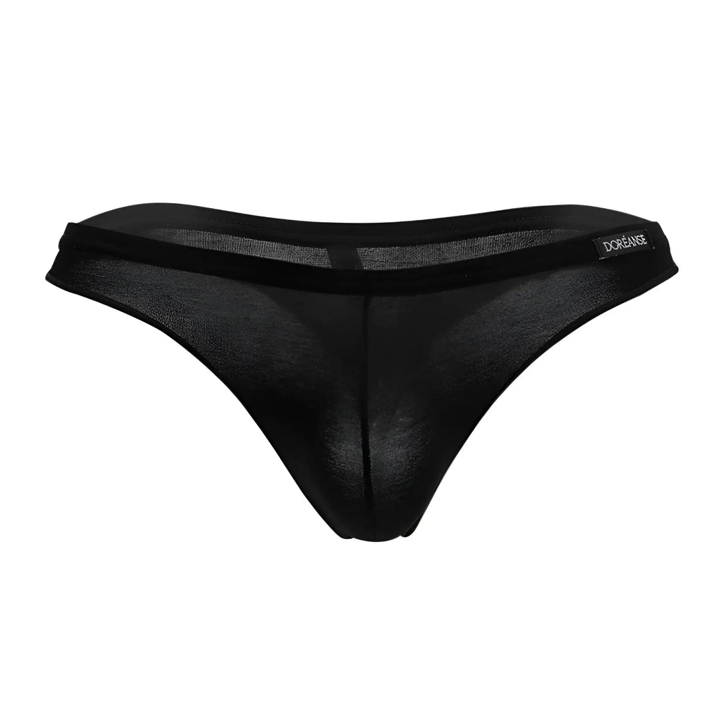 Black sheer mesh euro thong with solid black waistband embroidered with dorange brand name model 1392-blk