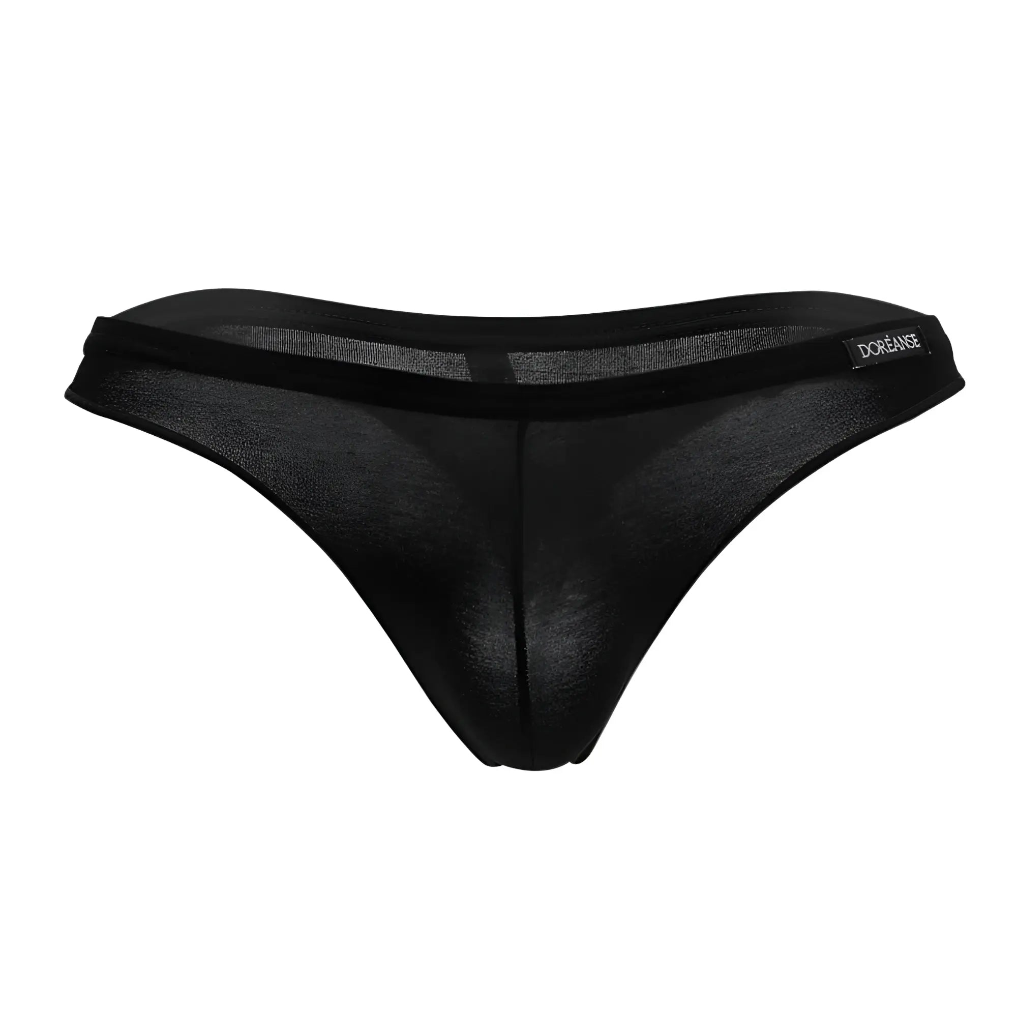 Black sheer mesh euro thong with solid black waistband embroidered with dorange brand name model 1392-blk