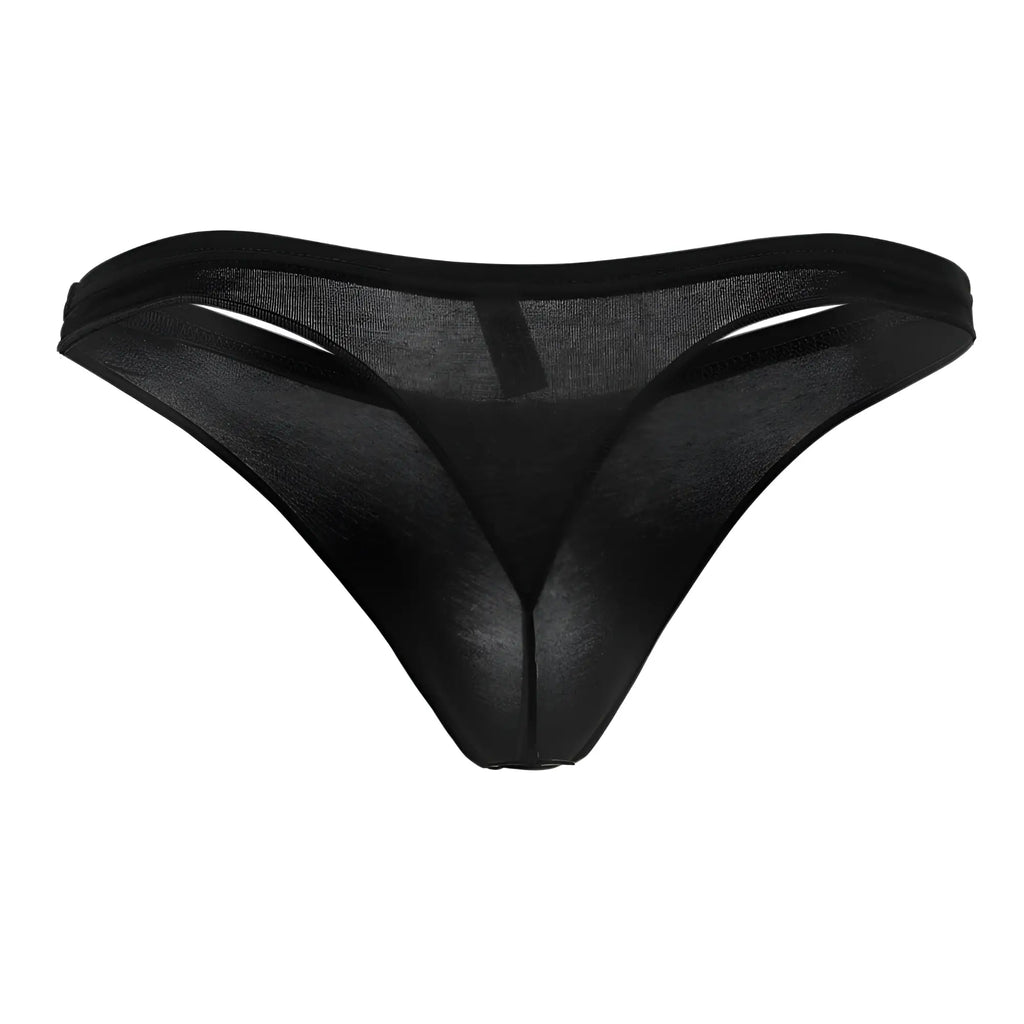 Black sheer mesh thong with solid black waistband doreanse 1392-blk euro thong in black front view