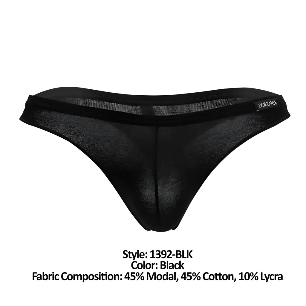 Doreanse 1392-BLK euro thong in black sheer fabric with solid waistband made of modal cotton and lycra blend