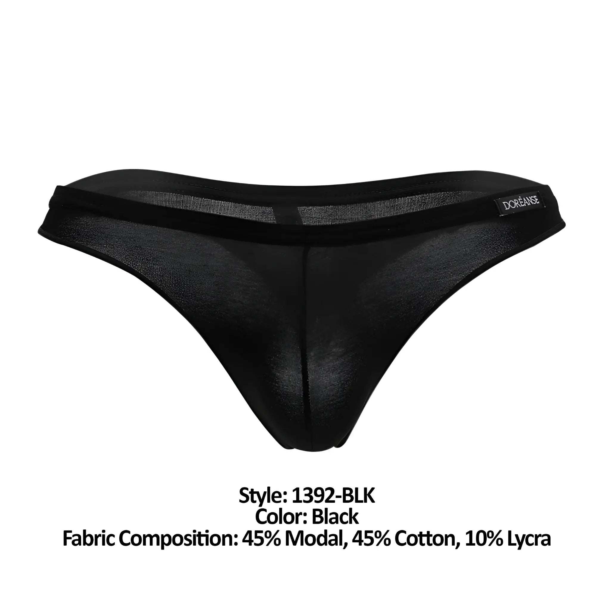 Doreanse 1392-BLK euro thong in black sheer fabric with solid waistband made of modal cotton and lycra blend