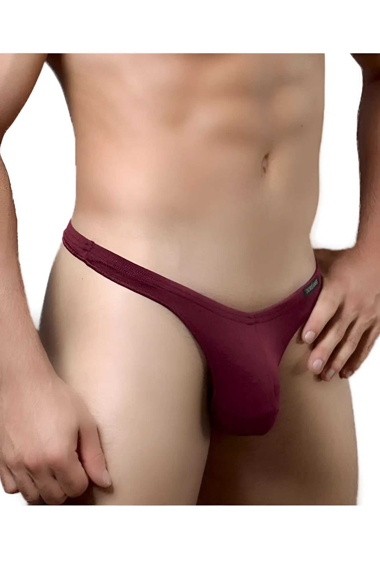 Maroon-colored doreanse 1392-brd euro thong made of smooth fabric with a subtle elastic waistband shown from the back