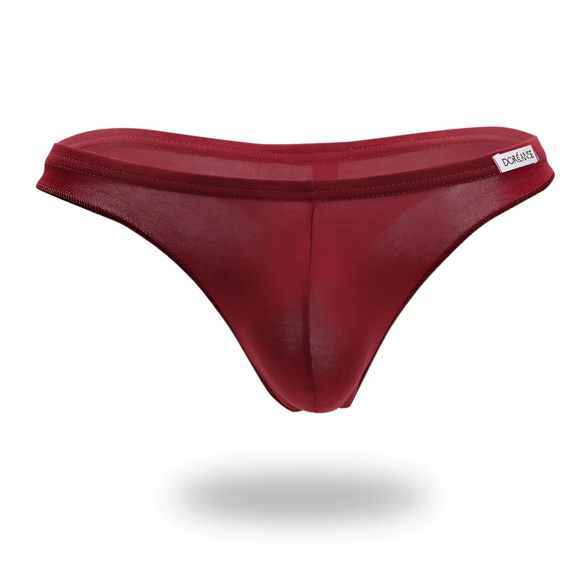 A sleek deep red doreanse 1392-BRD euro thong made of smooth sheer fabric with subtle sheen and fine stitching on waistband