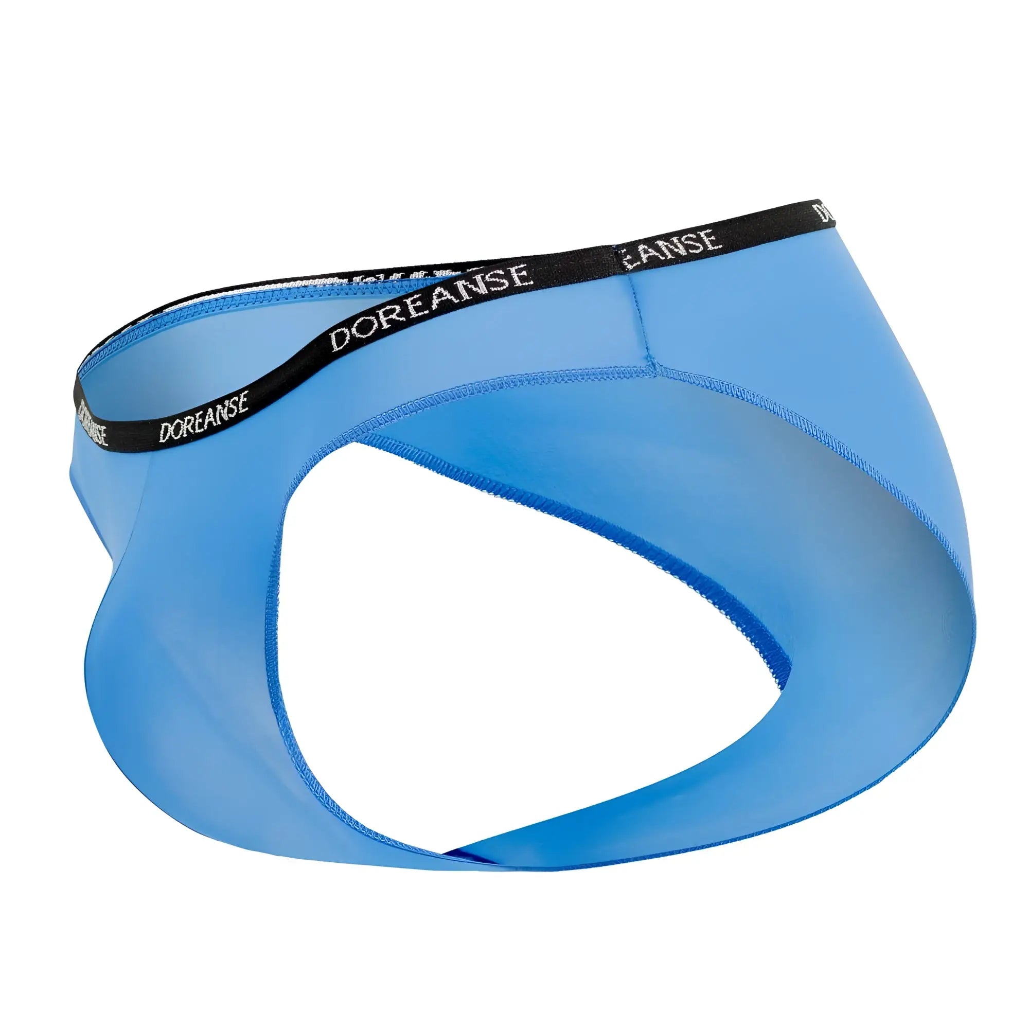 Light blue sheer doreanse 1395-blu aire bikini briefs with black elastic waistband and white brand name lettering