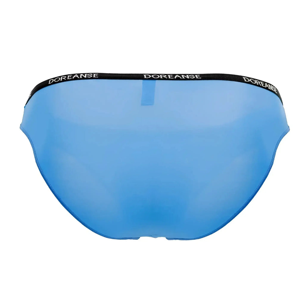 Blue translucent Doreanse 1395-BLU Aire bikini briefs with black waistband and white branding in cobalt blue color
