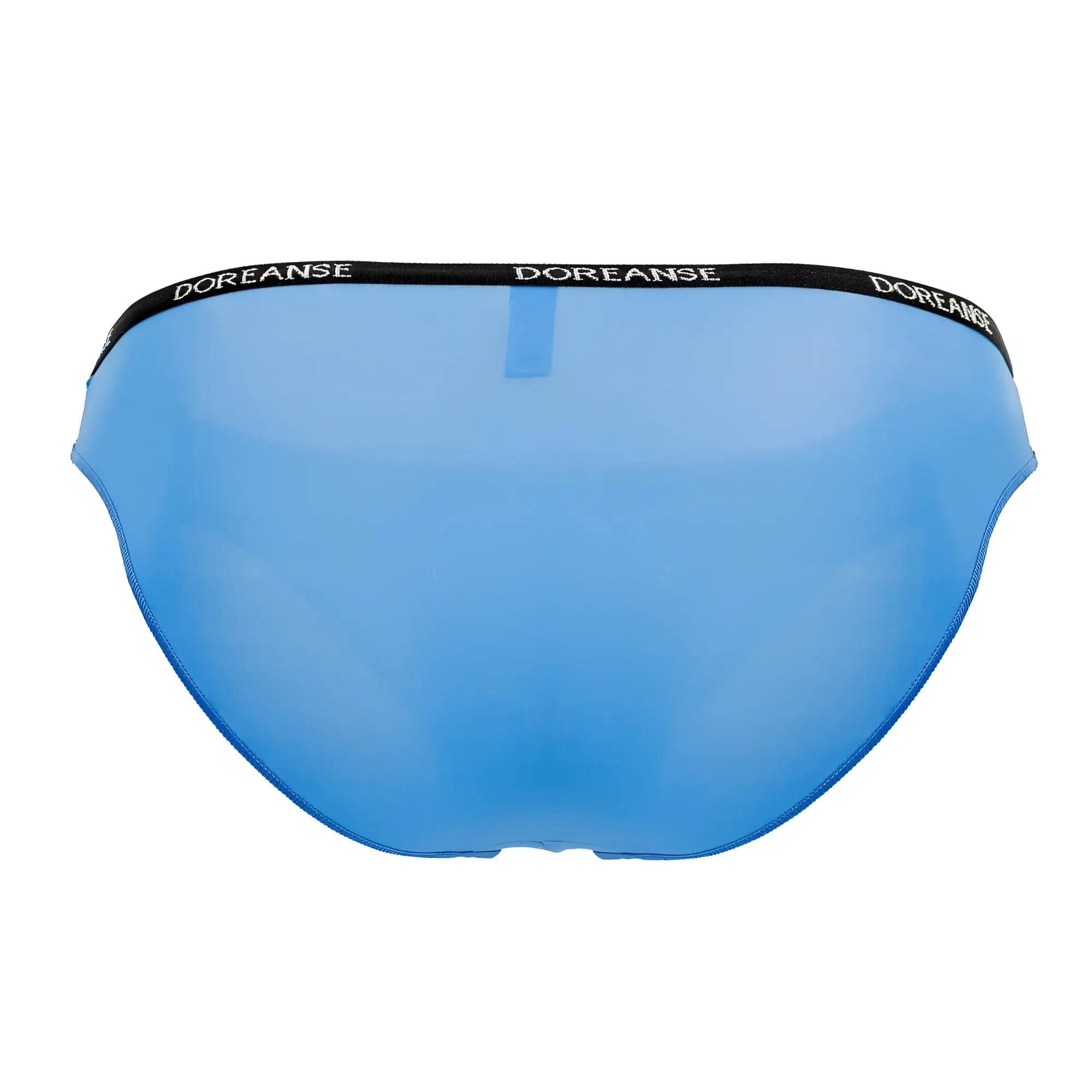 Blue translucent Doreanse 1395-BLU Aire bikini briefs with black waistband and white branding in cobalt blue color