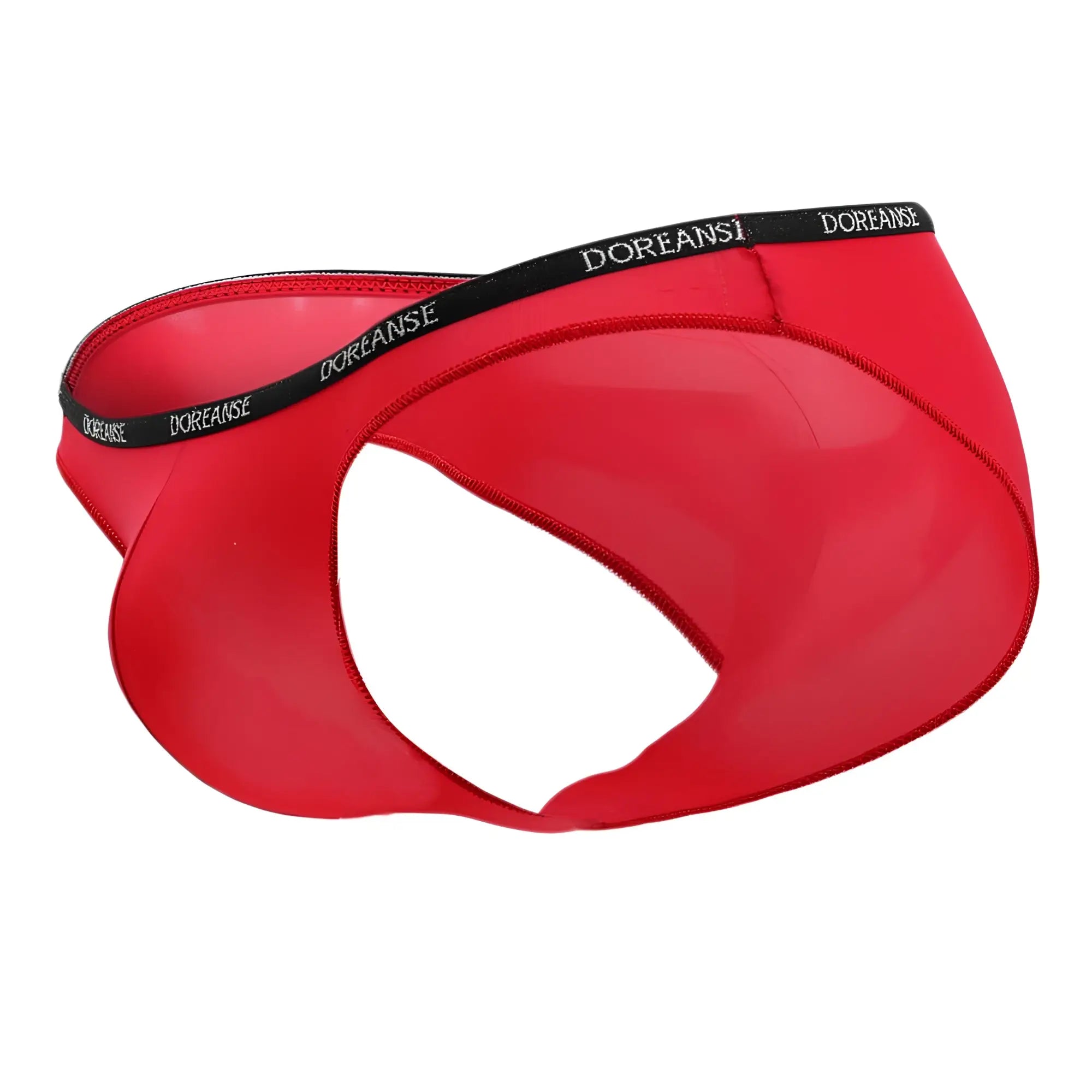 Red doreanse 1395-RED aire bikini briefs with glossy finish and black elastic waistband featuring brand name