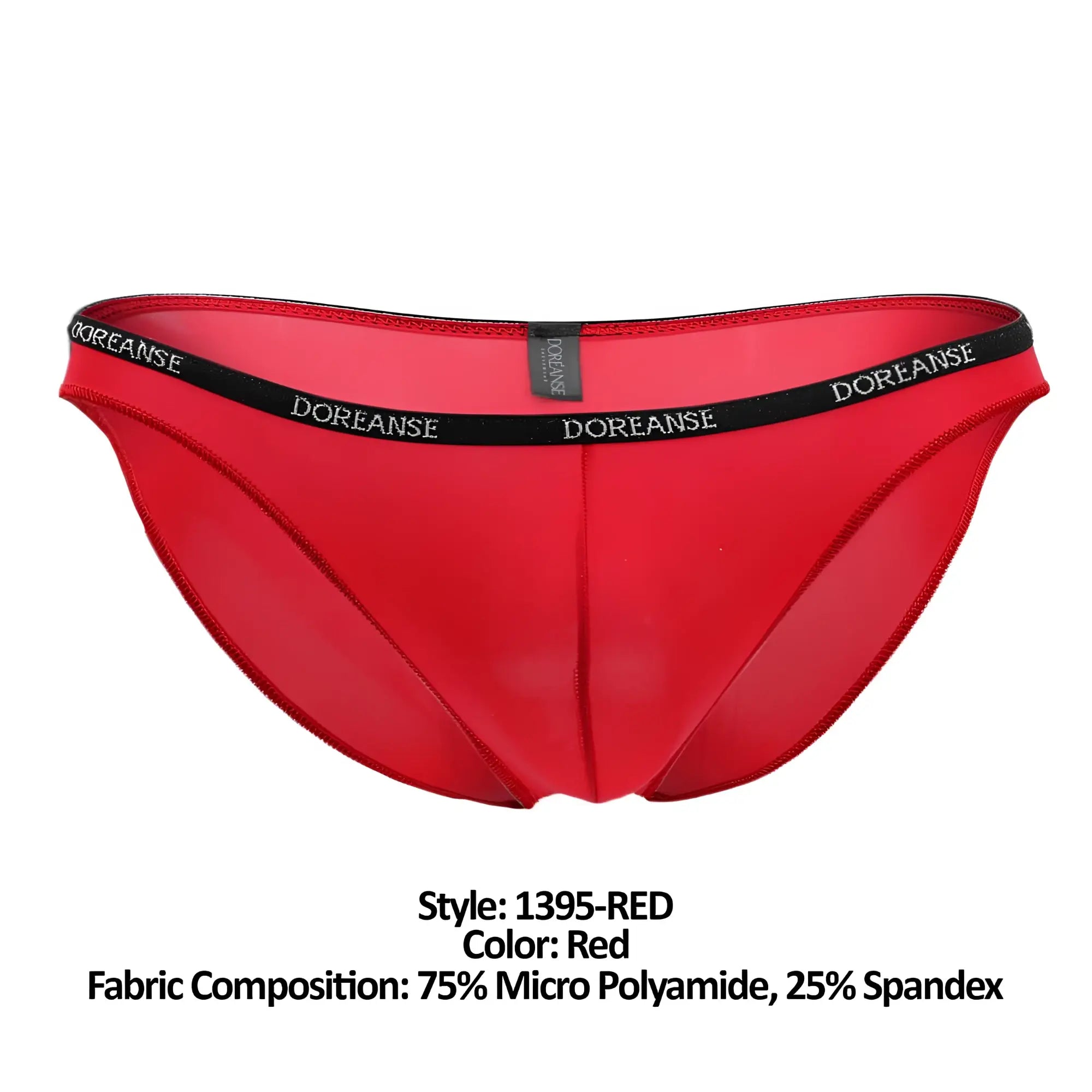 Red doreanse 1395-RED aire bikini briefs in red made of 75% micro polyamide 25% spandex with black waistband and white branding