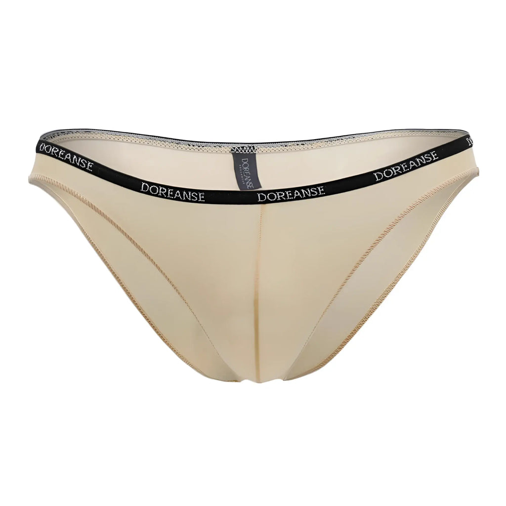 Beige doreanse 1395-tan aire bikini briefs with black elastic waistband featuring repeating logo text in tan color