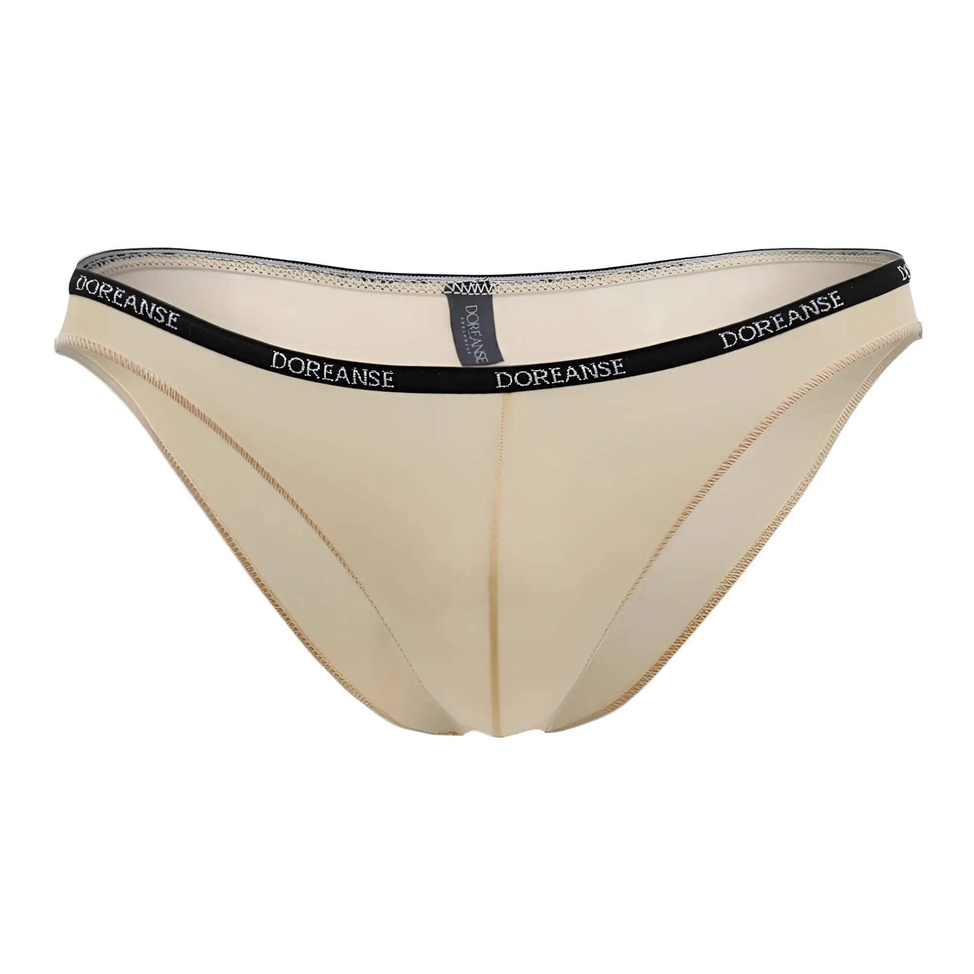 Beige doreanse 1395-tan aire bikini briefs with black elastic waistband featuring repeating logo text in tan color