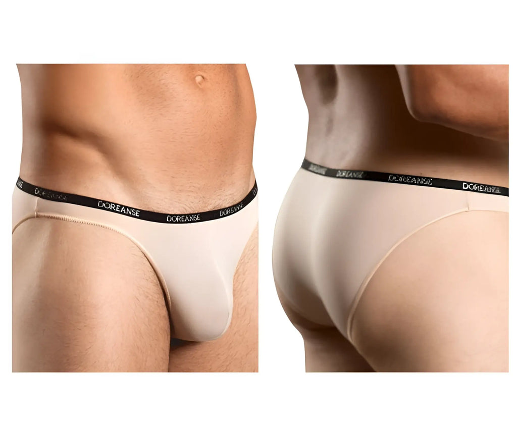 Beige doreanse 1395-tan aire bikini briefs with black waistband and white brand name lettering in tan color