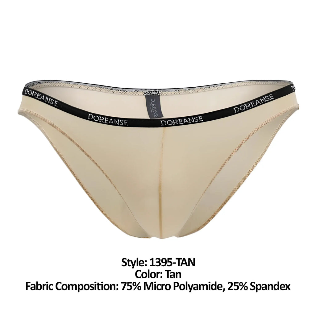 Tan doreanse 1395-tan aire bikini briefs in tan made of 75 percent micro polyamide and 25 percent spandex with black elastic waistband