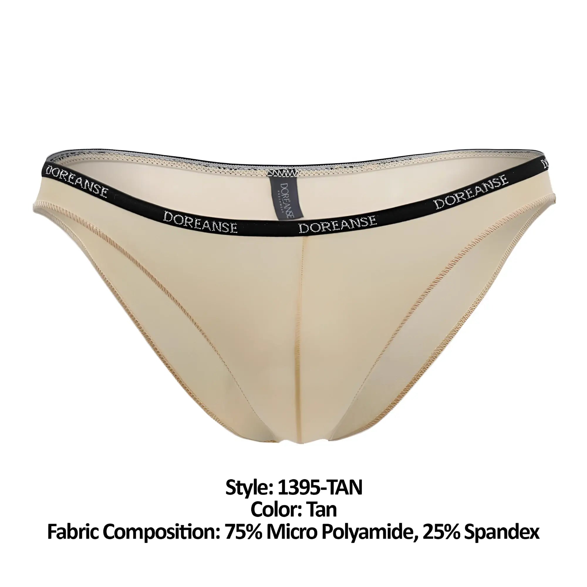 Tan doreanse 1395-tan aire bikini briefs in tan made of 75 percent micro polyamide and 25 percent spandex with black elastic waistband