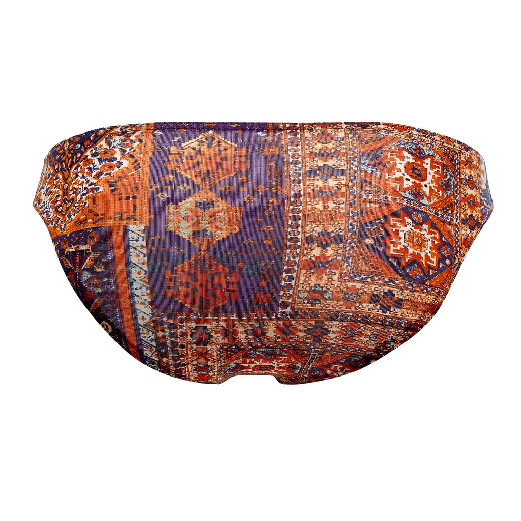A pair of doreanse 1403-prn persian briefs color printed bikini bottoms with vibrant patchwork patterns in orange purple and brown