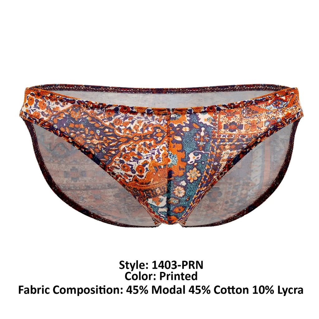 Doreanse 1403-prn persian briefs printed with orange blue and brown paisley designs on sheer mesh fabric