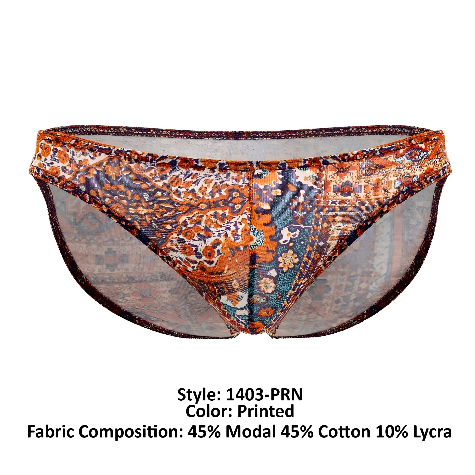 Doreanse 1403-prn persian briefs printed with orange blue and brown paisley designs on sheer mesh fabric