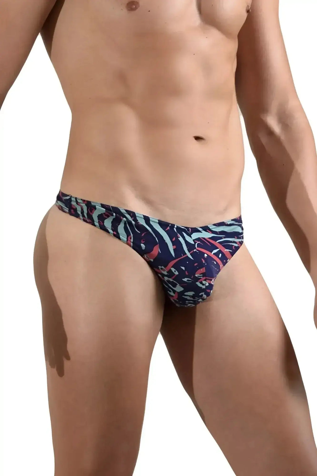 Doreanse 1406-prn submarine thongs color printed vibrant tropical patterned men’s briefs in navy teal and coral