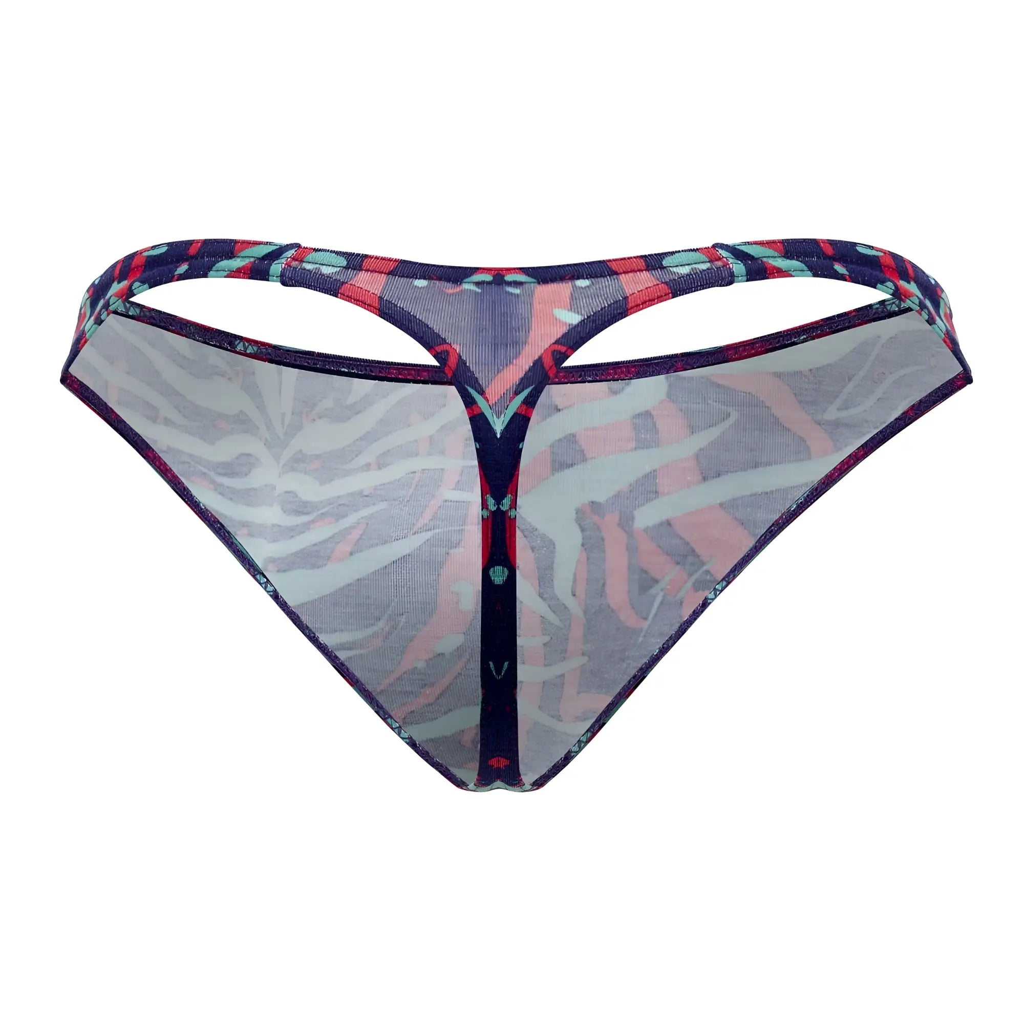 A sheer patterned thong with vibrant red and blue geometric waistband from doreanse 1406-prn submarine thongs color printed