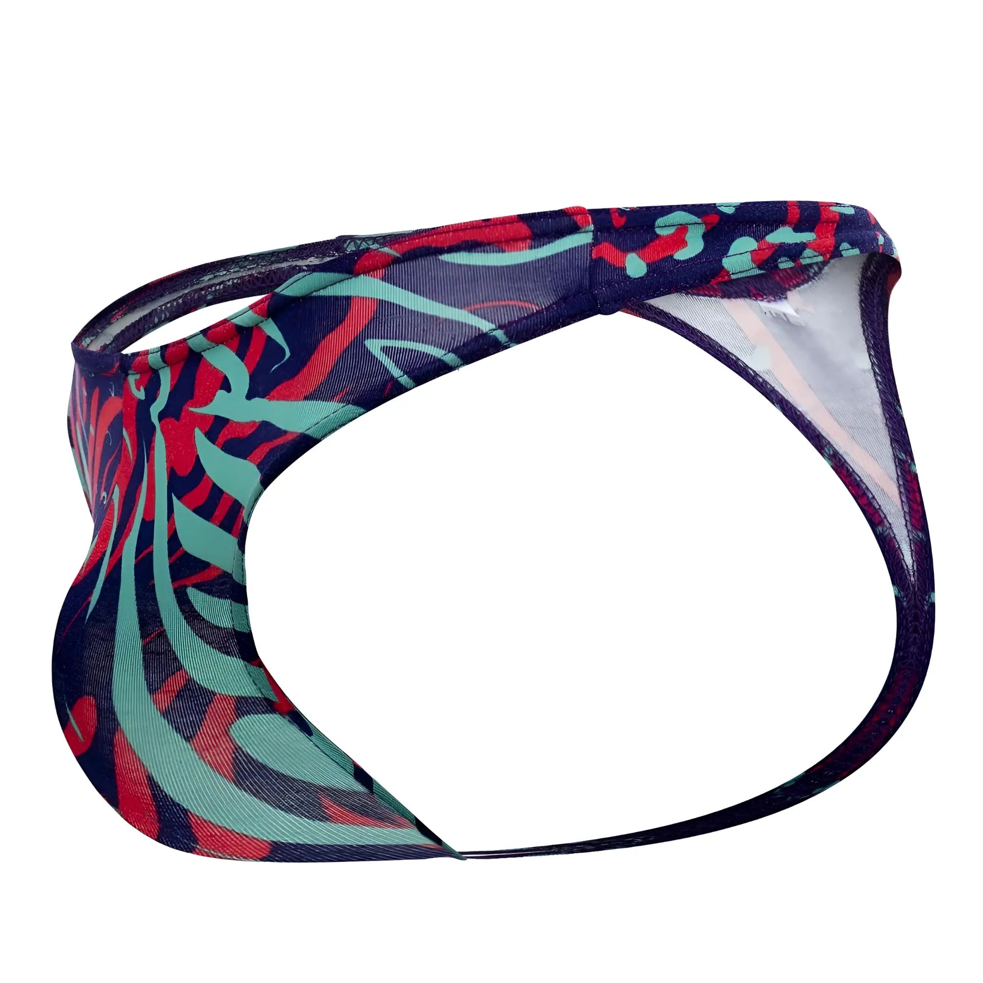Doreanse 1406-prn submarine thong in navy blue with bold red and teal abstract leaf patterns for men
