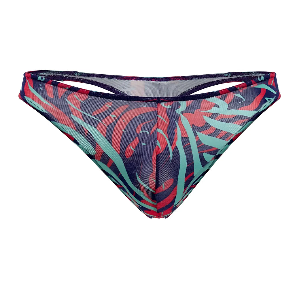 Doreanse 1406-PRN submarine thong in vibrant red and teal mesh with dark blue trim and abstract pattern