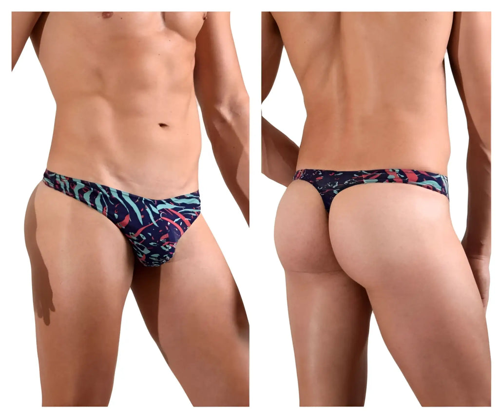 Doreanse 1406-PRN submarine men’s thong with vibrant tropical leaf pattern in navy blue teal and pink