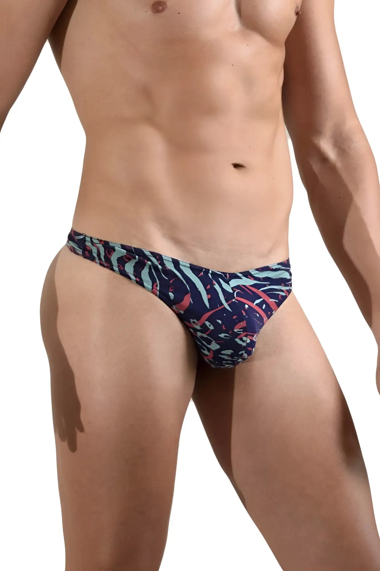Doreanse 1406-prn submarine thongs color printed vibrant tropical patterned men’s briefs in navy teal and coral
