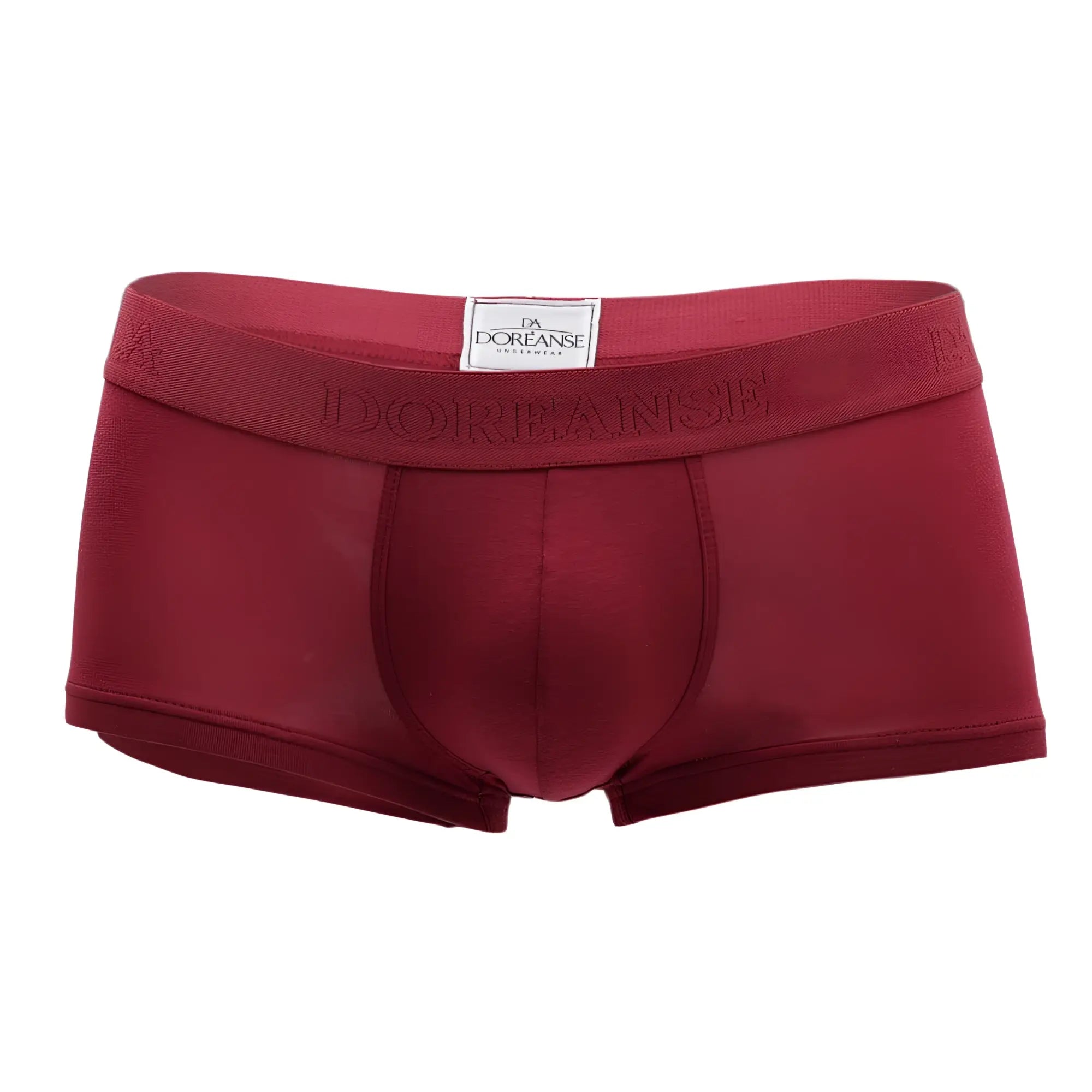 Maroon doreanse 1760-brd low-rise trunk briefs with textured waistband and brand label in bordeaux color
