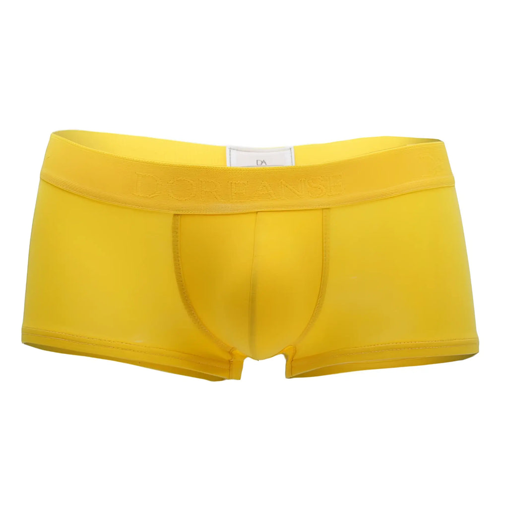 Bright yellow Doreanse 1760-YLW low-rise men’s briefs with smooth elastic waistband embossed with brand name