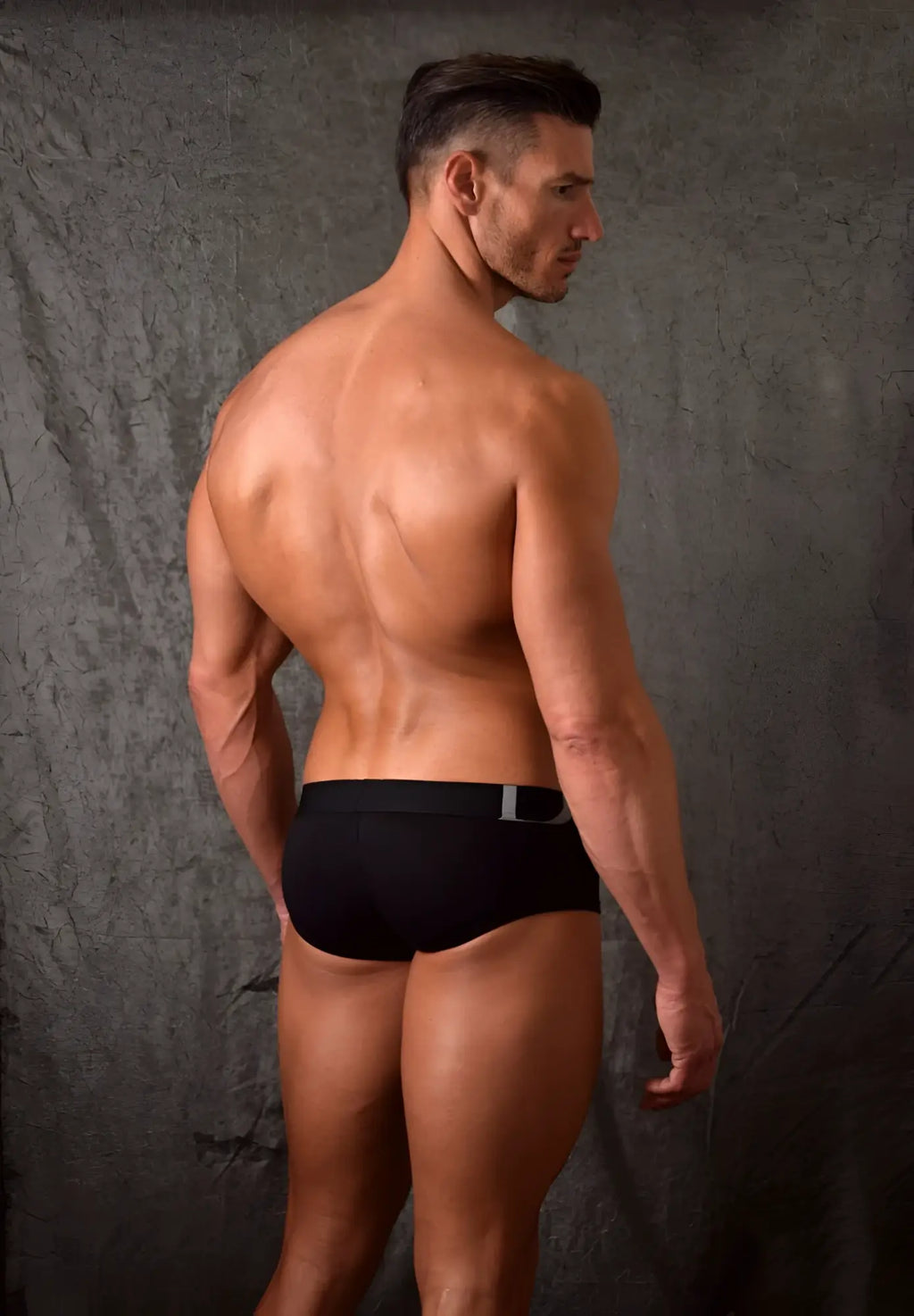 Doreanse 1779-blk black pouch mini trunk briefs with silver rectangular waistband accent for comfortable support
