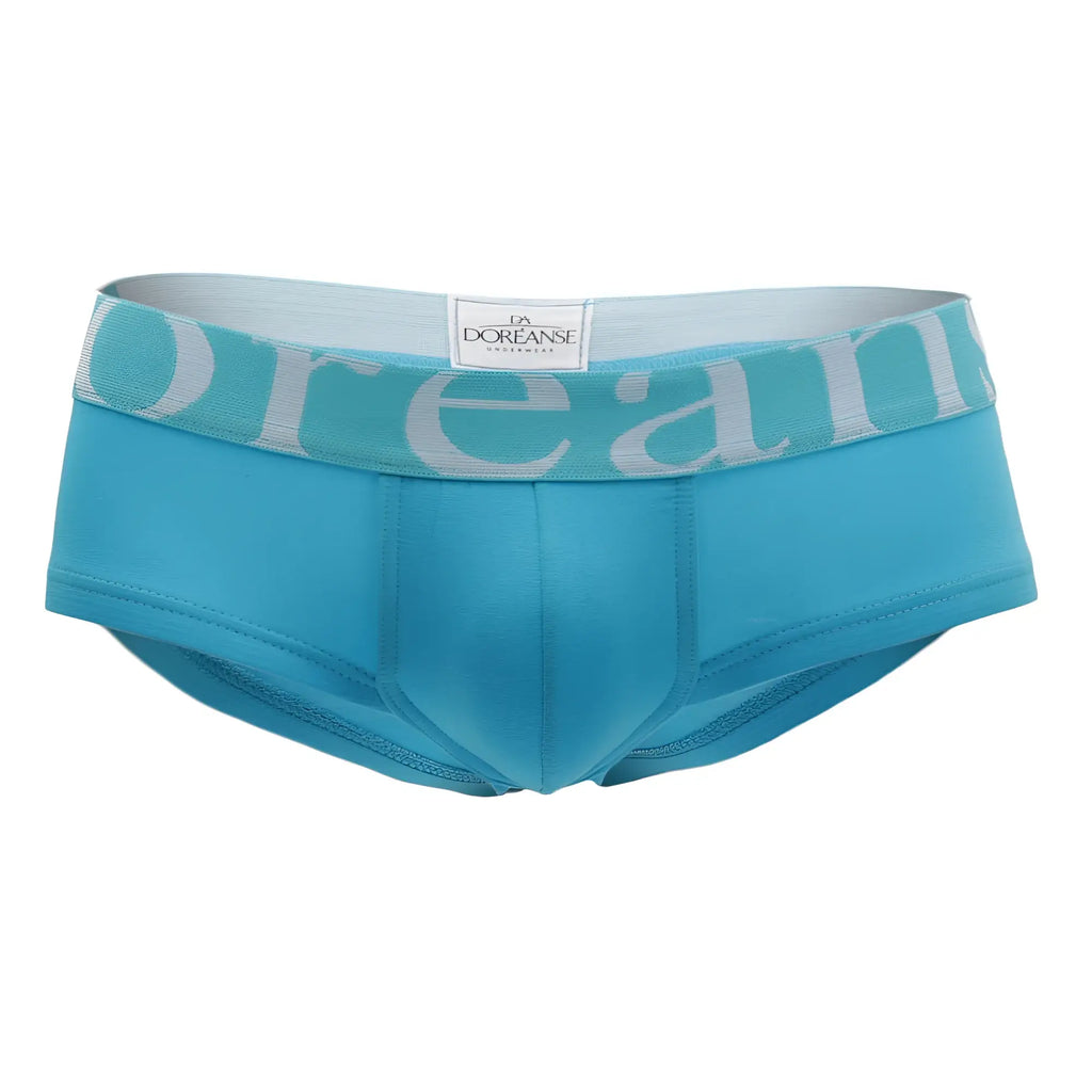 Turquoise blue Doreanse 1779-TRQ pouch mini trunk briefs with matching elastic waistband and light gray logo lettering