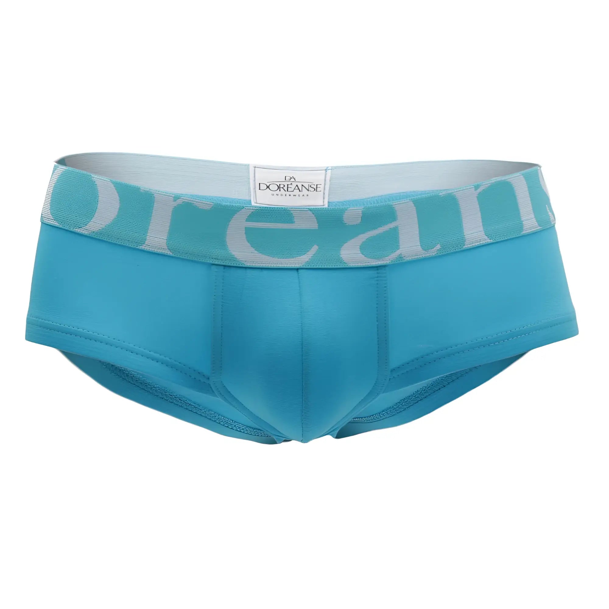 Turquoise blue Doreanse 1779-TRQ pouch mini trunk briefs with matching elastic waistband and light gray logo lettering