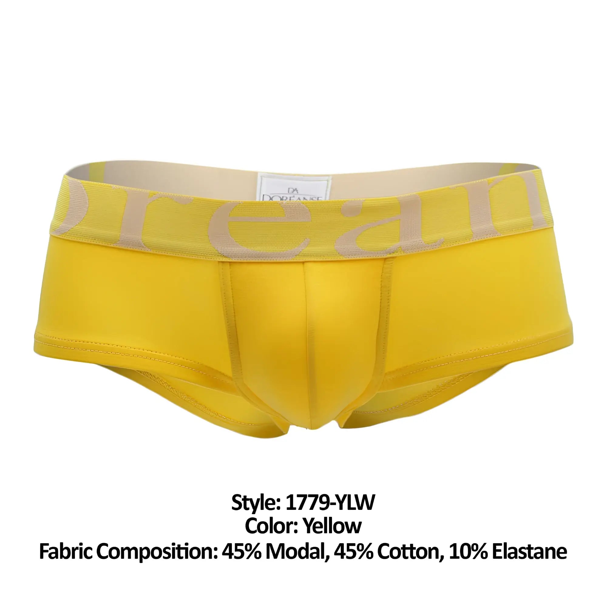 Bright yellow doreanse 1779-ylw pouch mini trunk briefs with beige dream logo band and fabric label