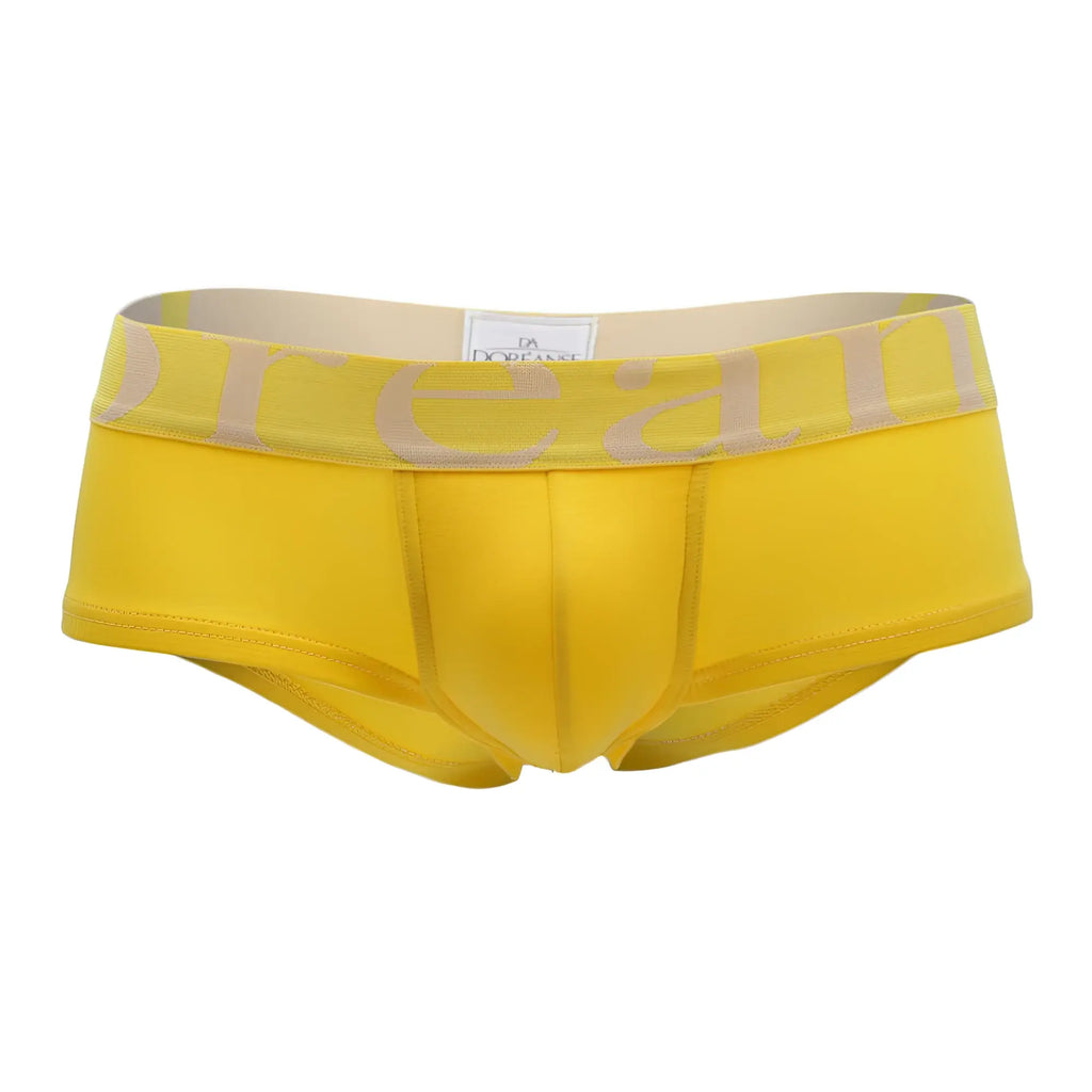 Bright yellow doreanse 1779-ylw men’s briefs with beige elastic waistband featuring dream lettering in light tan