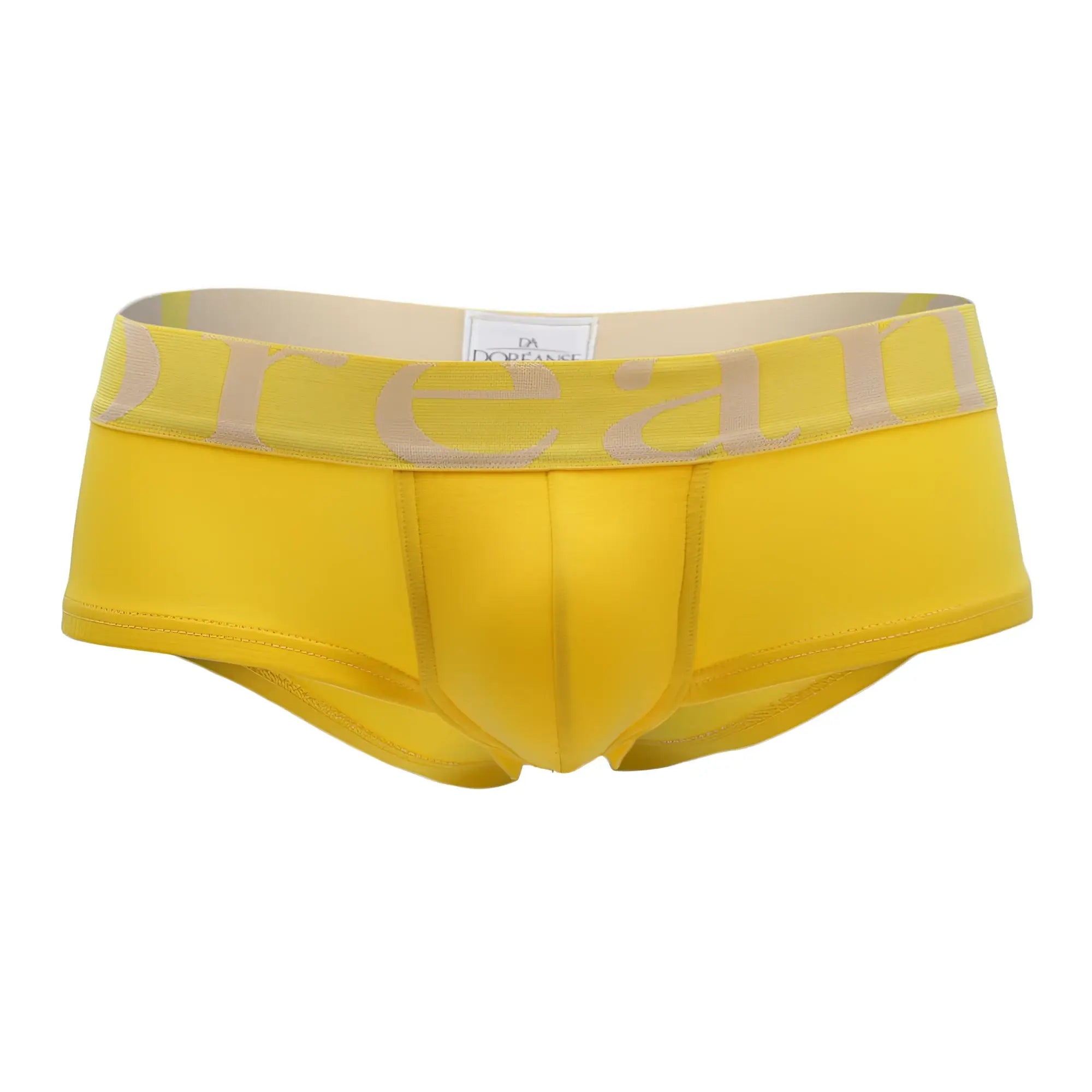 Bright yellow doreanse 1779-ylw men’s briefs with beige elastic waistband featuring dream lettering in light tan
