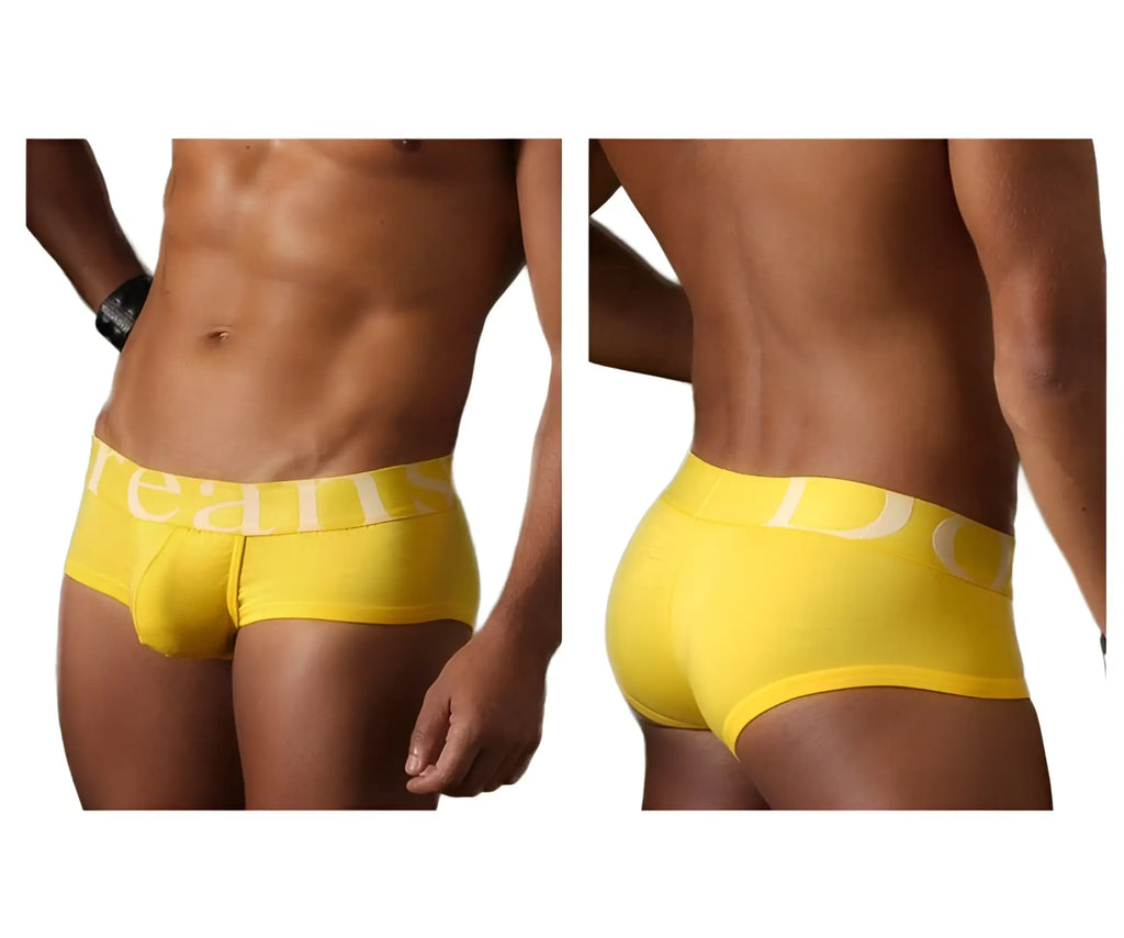 Bright yellow Doreanse 1779-YLW pouch mini trunk briefs with white jeans logo on the waistband for men