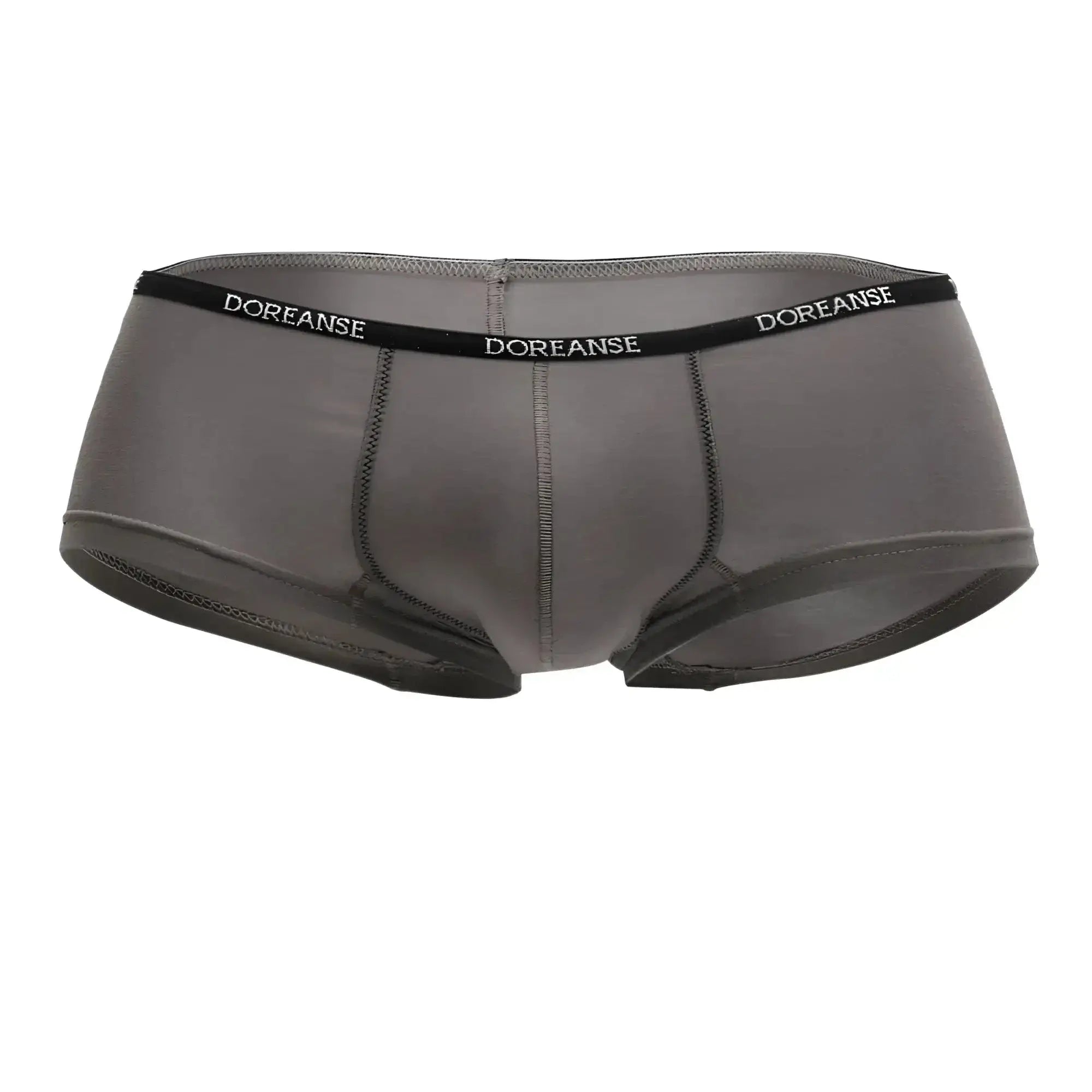 Gray doreanse 1781-SMK naked mini trunk briefs in smoke color with black waistband and white logo lettering